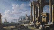 Leonardo Coccorante A capriccio of architectural ruins with a seascape beyond painting
